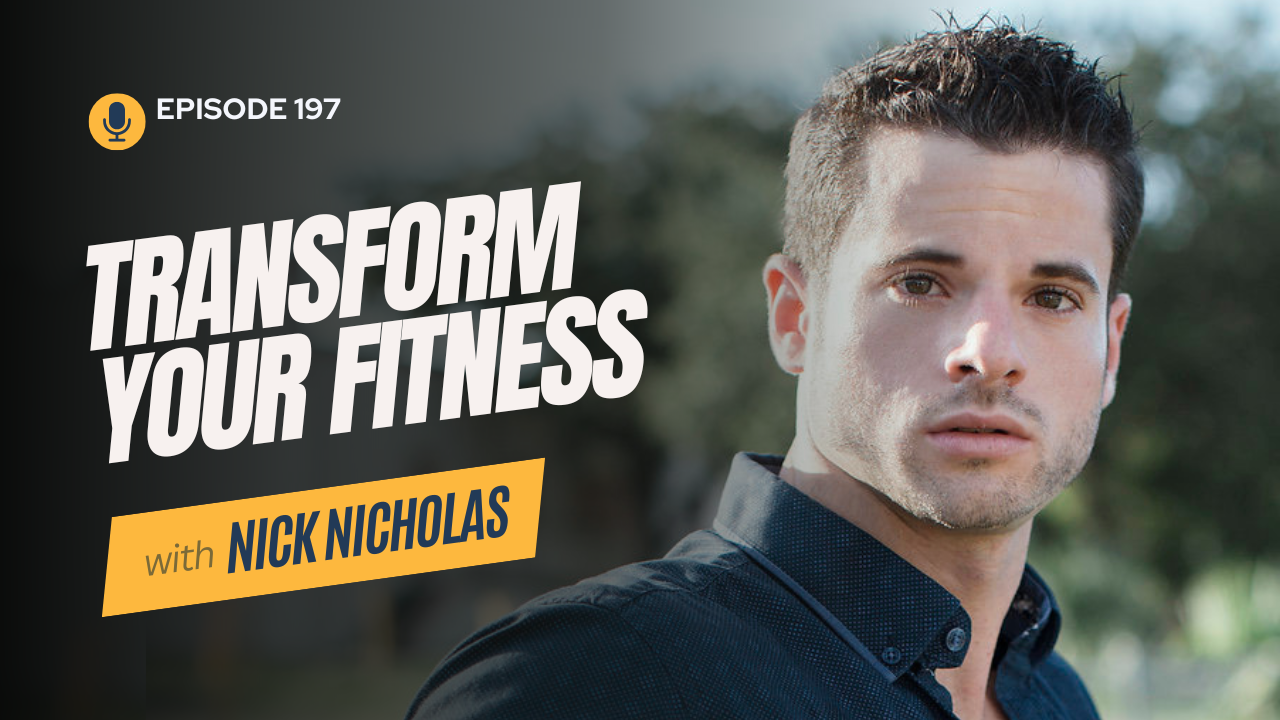 Man standing outside with serious expression and styled hair, next to bold text that says "Transform Your Fitness" for Palm Harbor Local podcast episode 197