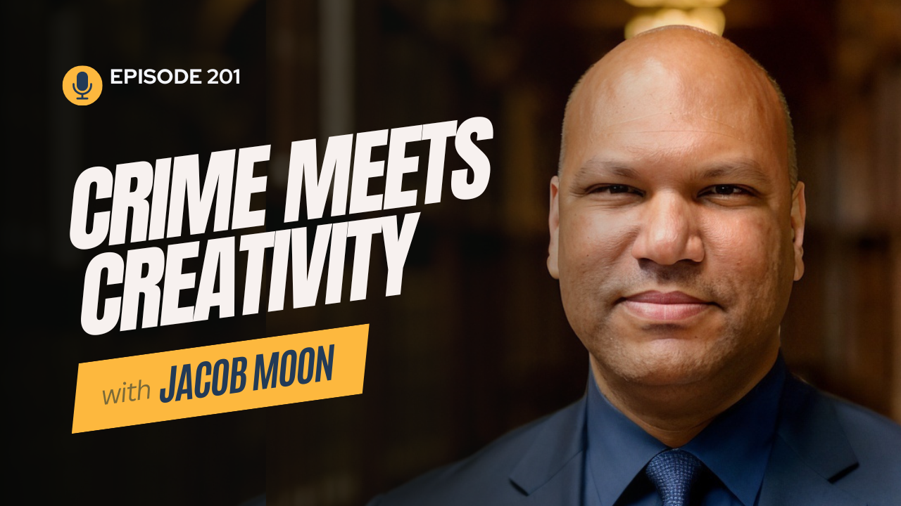 Close-up of a man in a suit with the text “Crime Meets Creativity – Episode 201” on a podcast cover design.